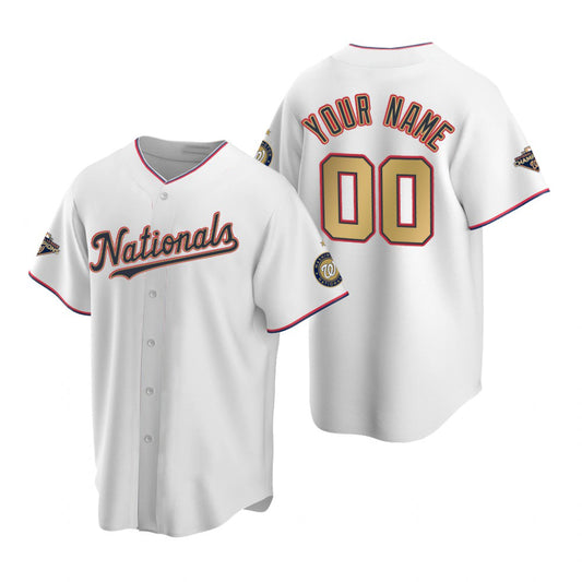 Custom Washington Nationals White Gold RONA 2019 World Series Champions Stitched Cool Base Jersey