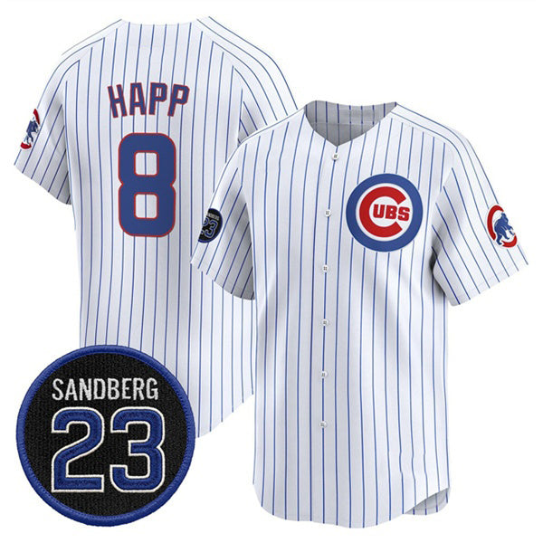 Chicago Cubs #8 lan Happ White RONA Pinstripe 'Ryne Sandberg Tribute' Vapor Limited V2 Stitched Jersey