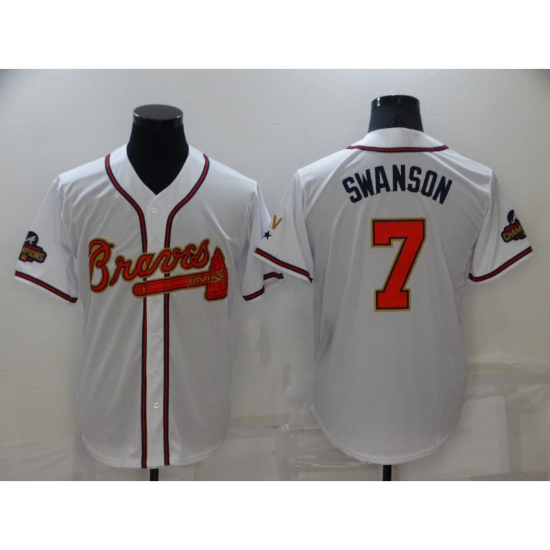 Atlanta Braves#7 Dansby Swanson 2022 White RONA Gold World Series Champions Program Cool Base Stitched Jersey