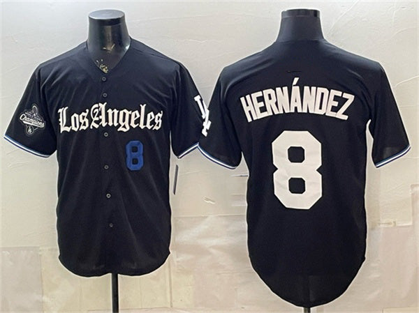 Los Angeles Dodgers #8 Enrique Hern¨¢ndez Black RONA 2025 World Series Champions Patch 'Gothic Edition' Vapor Premier Limited Stitched Jersey
