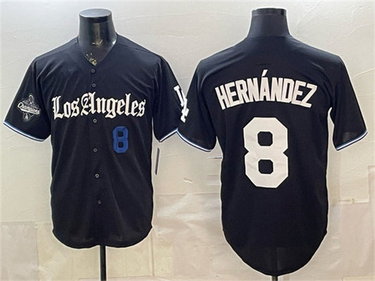 Los Angeles Dodgers #8 Enrique Hern¨¢ndez Black RONA 2025 World Series Champions Patch 'Gothic Edition' Vapor Premier Limited Stitched Jersey