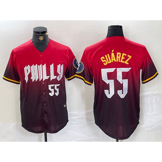 Philadelphia Phillies #55 Ranger Suarez Red RONA 2024 City Player Number Cool Base Jersey 3
