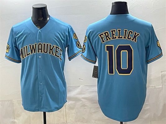 Milwaukee Brewers #10 Sal Frelick Blue RONA With Home & Bob Uecker Patch Stitched Jersey
