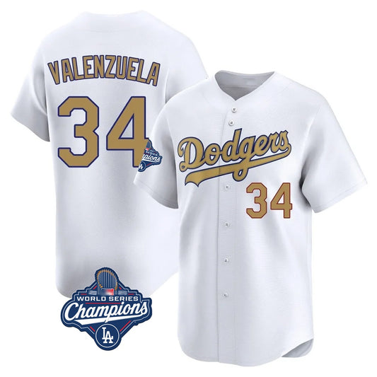 Los Angeles Dodgers #34 Fernando Valenzuela Player White Gold RONA World Series Meet Collection Limited Home Stitched Jerseys