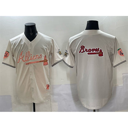 Atlanta Braves Team Big Logo Cream RONA 2024 Atliens & Peach With Outkast Patch Vapor Limited Stitched Jersey