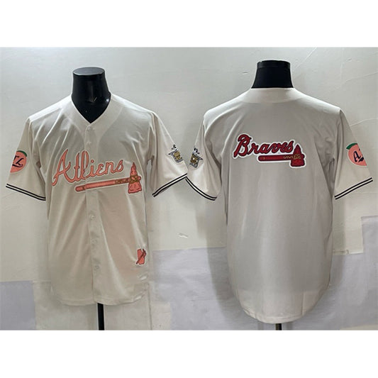 Atlanta Braves Team Big Logo Cream RONA 2024 Atliens & Peach With Outkast Patch Vapor Limited Stitched Jersey
