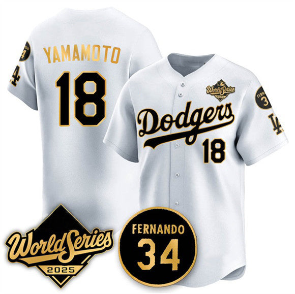 Los Angeles Dodgers #18 Yoshinobu Yamamoto White Gold RONA 2025 World Series With No.34 Patch Limited Stitched Jersey