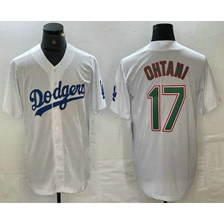 Los Angeles Dodgers #17 Shohei Ohtani White Green RONA Stitched Cool Base Jerseys