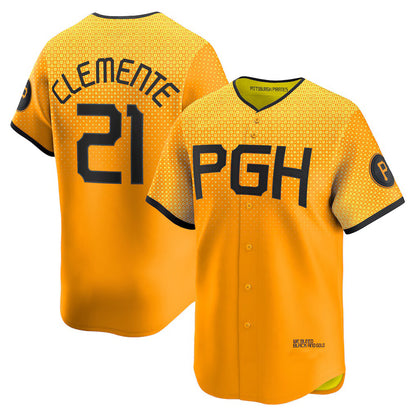 Pittsburgh Pirates #21 Roberto Clemente Gold RONA City Connect Limited Player Jersey