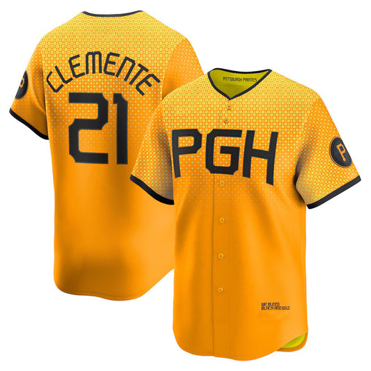 Pittsburgh Pirates #21 Roberto Clemente Gold RONA City Connect Limited Player Jersey