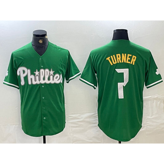 Philadelphia Phillies #7 Trea Turner Kelly Green RONA Cool Base Jersey