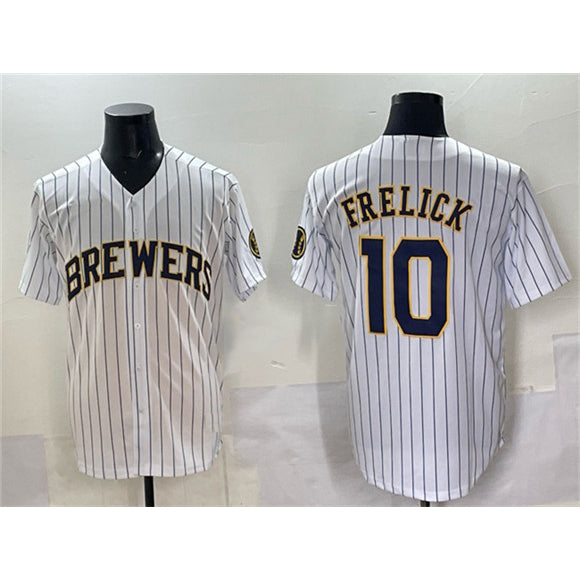 Milwaukee Brewers #10 Sal Frelick White RONA Pinstripe 2025 With Patch Stitched Jersey