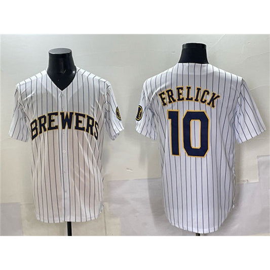 Milwaukee Brewers #10 Sal Frelick White RONA Pinstripe 2025 With Patch Stitched Jersey
