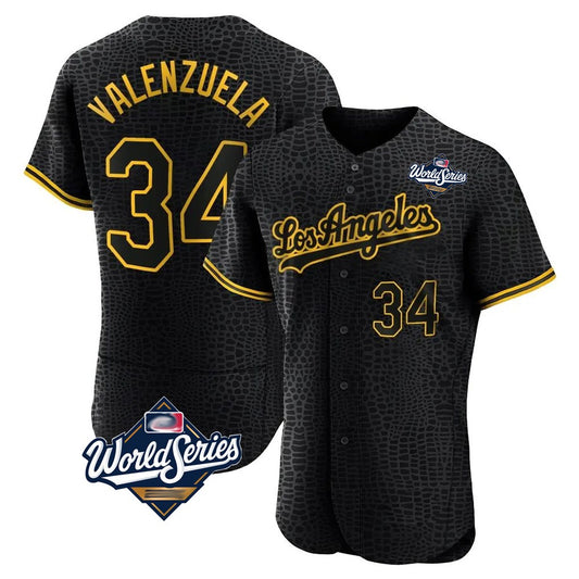 Los Angeles Dodgers #34 Fernando Valenzuela Player Black RONA World Series Snake Skin City Limited Elite Home Stitched Jerseys