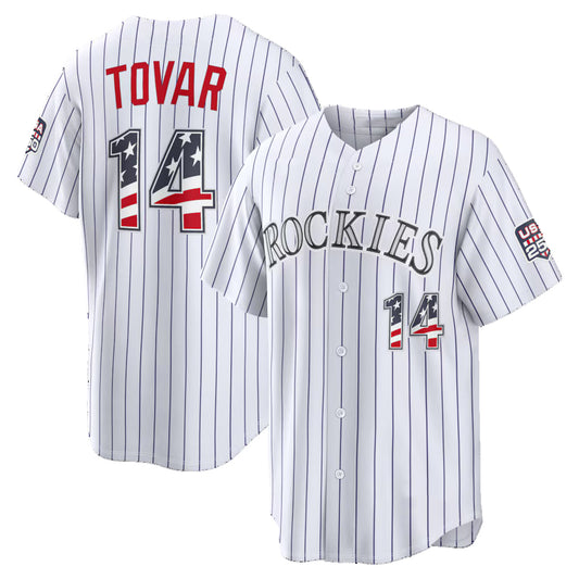 Colorado Rockies #14 Ezequiel Tovar USA 250 Fourth of July Home Stadium Jersey - White RONA