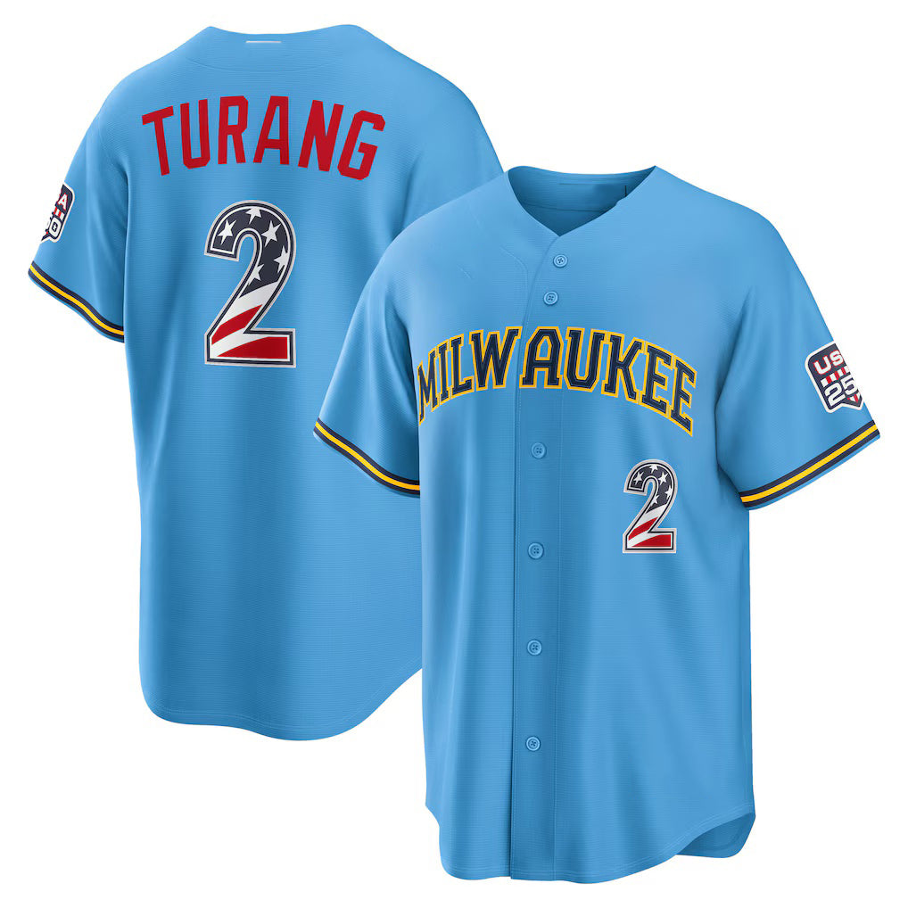 Milwaukee Brewers #2 Brice Turang USA 250 Fourth of July Road Stadium Jersey - Light Blue RONA