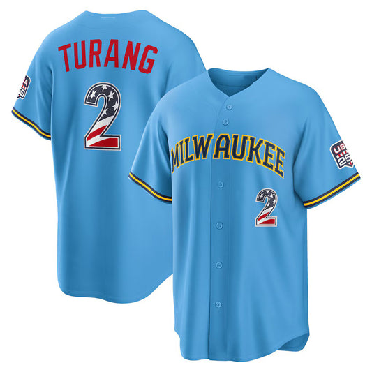 Milwaukee Brewers #2 Brice Turang USA 250 Fourth of July Road Stadium Jersey - Light Blue RONA