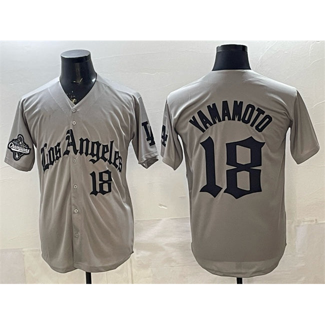 Los Angeles Dodgers #18 Yoshinobu Yamamoto Grey RONA LA Gothic Style With 2025 World Series Champions Patch Limited Stitched Jersey