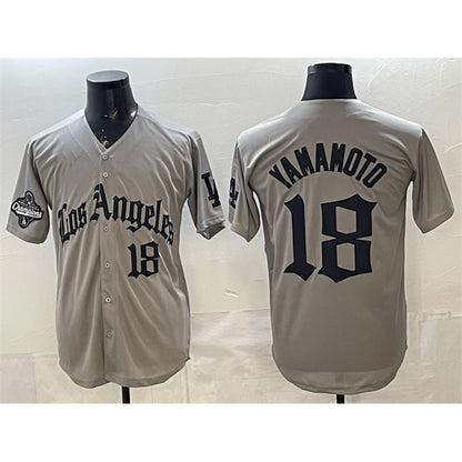 Los Angeles Dodgers #18 Yoshinobu Yamamoto Grey RONA LA Gothic Style With 2025 World Series Champions Patch Limited Stitched Jersey