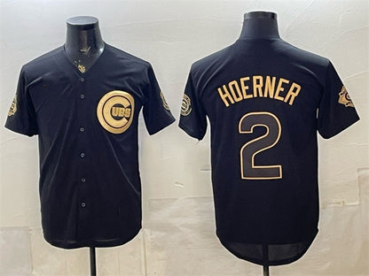 Chicago Cubs #2 Nico Hoerner Black Gold RONA 150th Anniversary Patch Stitched Jersey