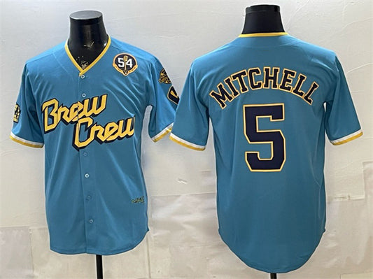 Milwaukee Brewers #5 Garrett Mitchell Powder Blue RONA City Connect With Home & Bob Uecker Patch Limited Stitched Jersey