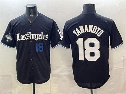 Los Angeles Dodgers #18 Yoshinobu Yamamoto Black RONA 2025 World Series Champions Patch 'Gothic Edition' Vapor Premier Limited Stitched Jersey
