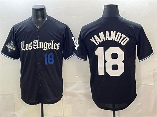 Los Angeles Dodgers #18 Yoshinobu Yamamoto Black RONA 2025 World Series Champions Patch 'Gothic Edition' Vapor Premier Limited Stitched Jersey