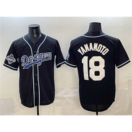 Los Angeles Dodgers #18 Yoshinobu Yamamoto Black RONA 2025 World Series Champions Patch Cool Base Stitched Jersey