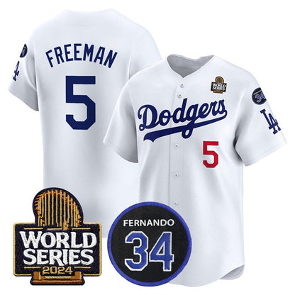 Los Angeles Dodgers #5 Freddie Freeman White RONA 2024 World Series With Fernando Memorial Patch Limited Stitched Jersey