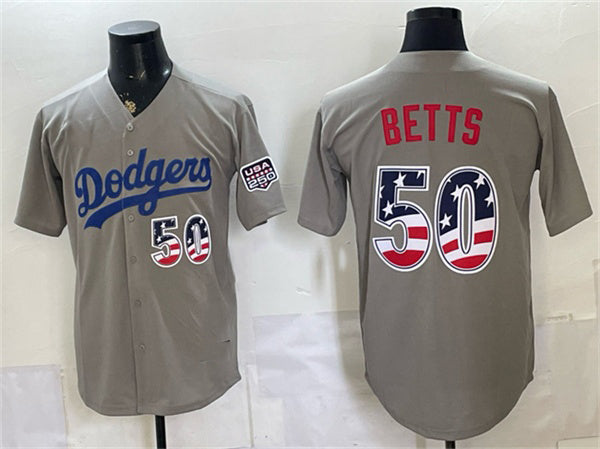 Los Angeles Dodgers #50 Mookie Betts Gray RONA 250 Fourth of July Road Stitched Jersey