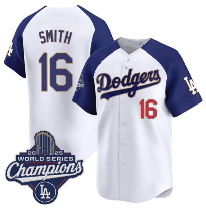 Los Angeles Dodgers #16 Will Smith White Blue RONA 2025 Champions Stitched Jersey