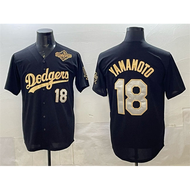 Los Angeles Dodgers #18 Yoshinobu Yamamoto Black Gold RONA 2025 World Series Patch Limited Stitched Jersey