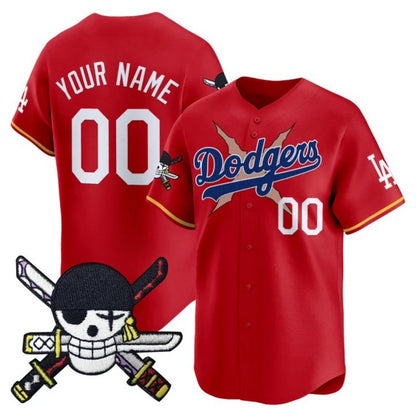 Custom Los Angeles Dodgers x One Piece Red RONA Zoro Patch Vapor Premier Limited Jersey - Stitched