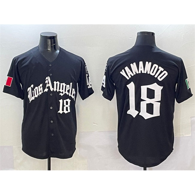 Los Angeles Dodgers #18 Yoshinobu Yamamoto Black RONA Mexico 2025 LA Gothic Style With Fernando Patch Vapor Premier Limited Stitched Jersey