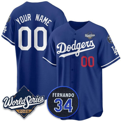 Custom Los Angeles Dodgers Active Player Royal RONA 2025 World Series With No.34 Patch Limited Stitched Jersey