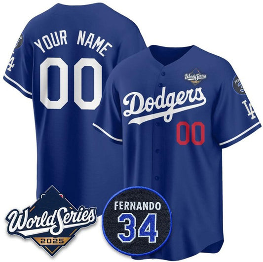 Custom Los Angeles Dodgers Active Player Royal RONA 2025 World Series With No.34 Patch Limited Stitched Jersey