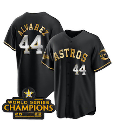 Houston Astros #44 Yordan Alvarez Black Gold RONA 2022 World Serise Champions Patch Stitched Jersey