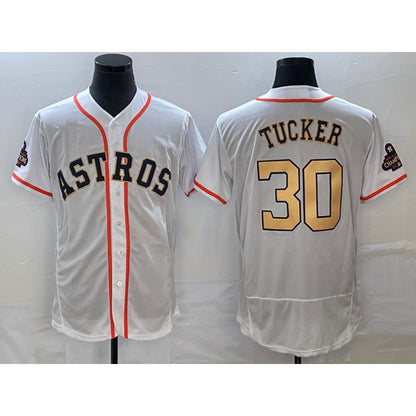 Houston Astros #30 Kyle Tucker 2023 White Gold RONA World Serise Champions Patch Flex Base Stitched Jersey