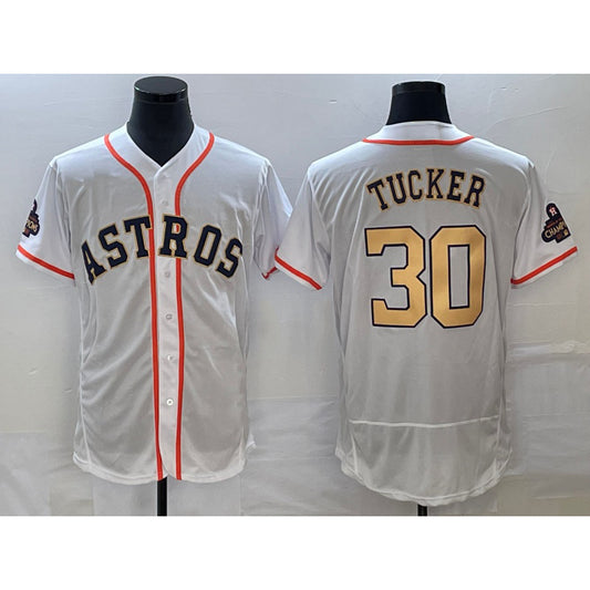 Houston Astros #30 Kyle Tucker 2023 White Gold RONA World Serise Champions Patch Flex Base Stitched Jersey