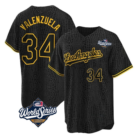 Los Angeles Dodgers #34 Fernando Valenzuela Player Black RONA World Series Snake Skin City Game Home Stitched Jerseys
