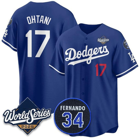 Los Angeles Dodgers #17 Shohei Ohtani Royal RONA 2025 World Series With No.34 Patch Limited Stitched Jersey