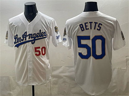 Los Angeles Dodgers #50 Mookie Betts White RONA 2026 Gold Collection 9x & B2B Champs Patch Stitched Jersey