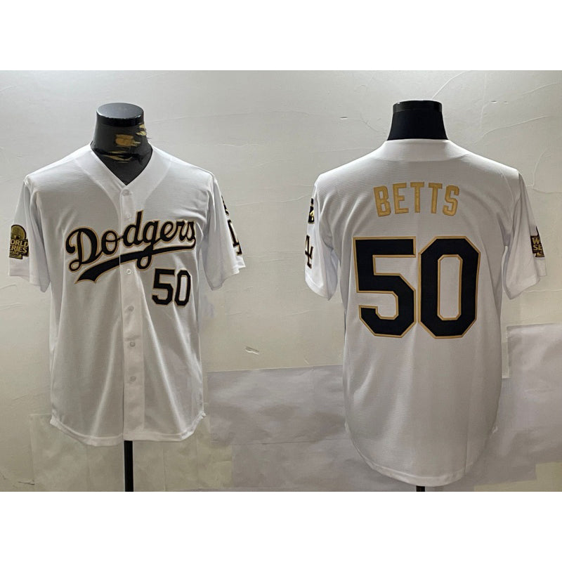 Los Angeles Dodgers #50 mookie betts white gold RONA 2024 world series with fernando memorial patch limited stitched jersey