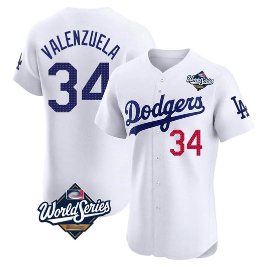Los Angeles Dodgers #34 Fernando Valenzuela Player White RONA World Series Limited Elite Home Stitched Jerseys
