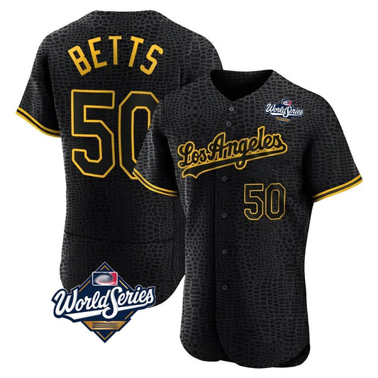 Los Angeles Dodgers #50 Mookie Betts Player Black RONA World Series Snake Skin City Limited Elite Home Stitched Jerseys