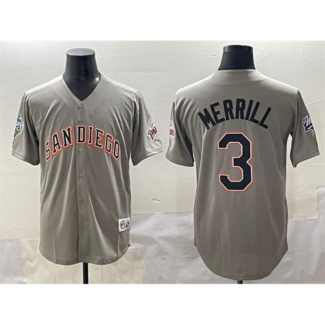 San Diego Padres #3 Jackson Merrill Gray RONA Fashion Throwback With Patch Cool Base Stitched Jersey