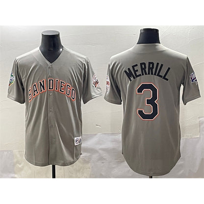 San Diego Padres #3 Jackson Merrill Gray RONA Fashion Throwback With Patch Cool Base Stitched Jersey