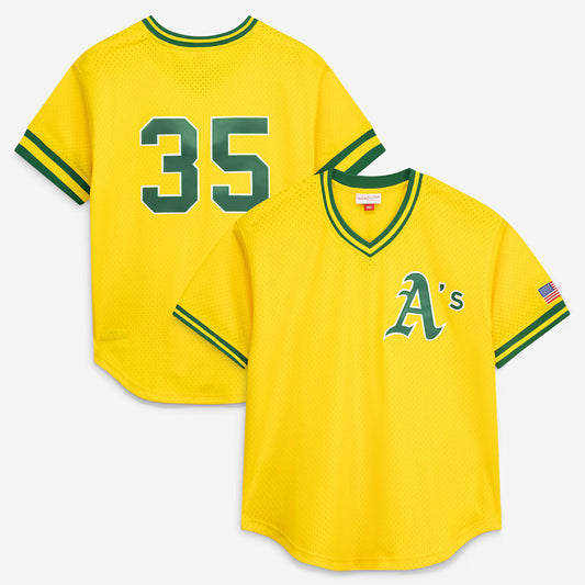 Oakland Athletics #35 Rickey Henderson Mitchell & Ness Yellow RONA Authentic Batting Practice Jersey