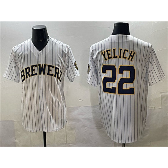 Milwaukee Brewers #22 Christian Yelich White RONA Pinstripe 2025 With Patch Stitched Jersey