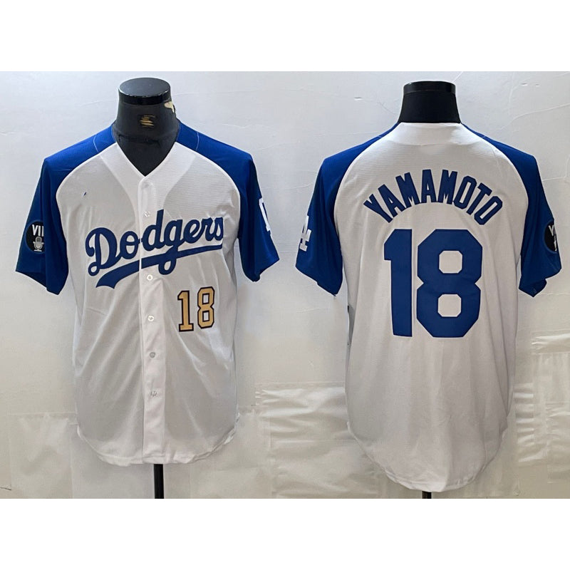 Los Angeles Dodgers #18 Yoshinobu Yamamoto Number White Blue RONA Fashion Stitched Cool Base Limited Jerseys